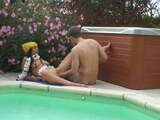 Sexy little Latina rides guys face poolside