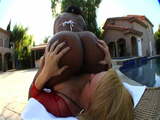 Blondie and big booty ebony have lick session by the pool