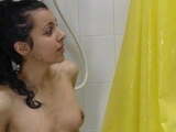 Hairy brunette fucked in the shower